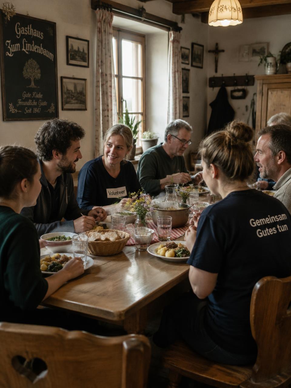 Freiwillige essen gemeinsam an einem langen Tisch in der Lebensgemeinschaft